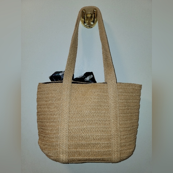 DRAPER JAMES Woven Straw Handbag Purse Pocketbook Bow Tan EUC - Picture 2 of 4